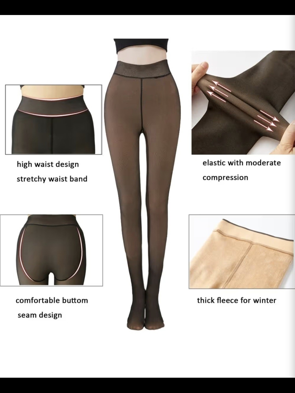 Fake Translucent Nude Tights Fleece Lined 320 G Black